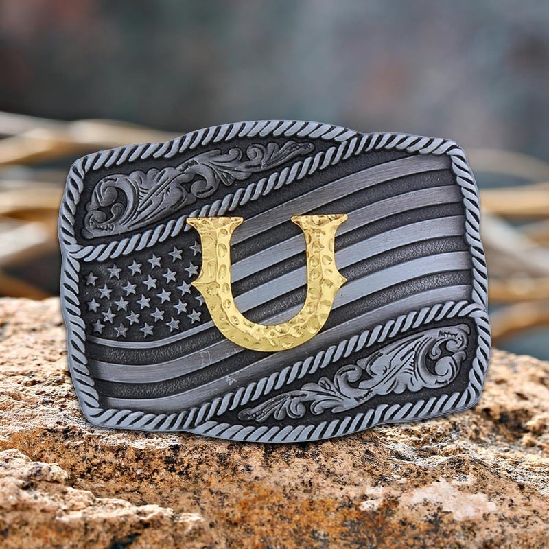Fibbadet Store Western Cowboy Initial Letters A-Z American Flag Belt Buckle for Men Fathers Day Boyfriend Husband - Image 1